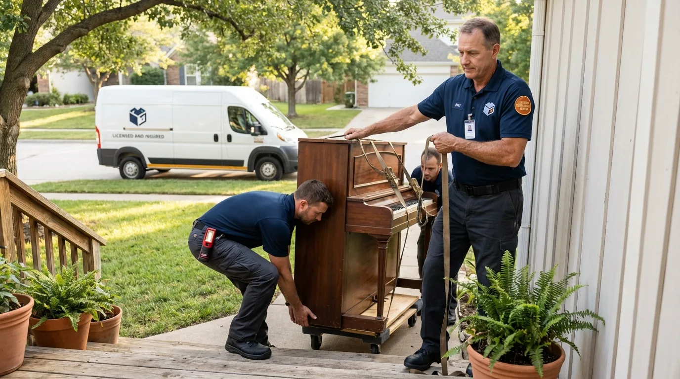 Licensed piano movers securing grand piano in Sparks, NV