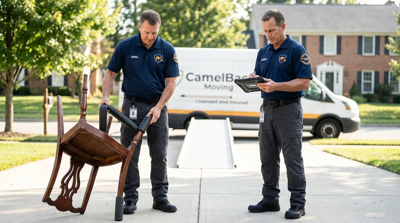 Movers inspecting furniture for damage prevention before loading in Sparks, NV