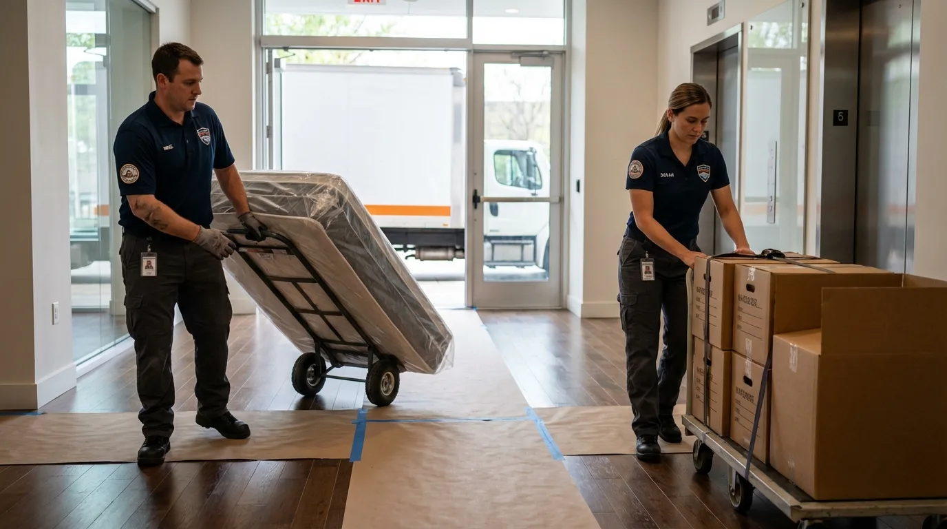 Professional apartment movers loading elevator in Sparks, NV